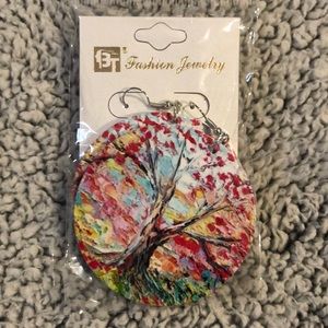 Round Wooden Dangle Earrings - Painted Tree